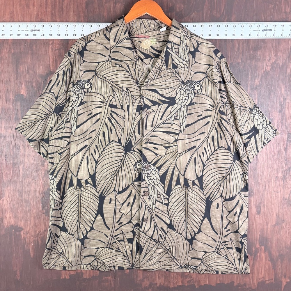 Caribbean 70% Silk Cotton Hawaiian Shirt Parrot Palm Leaf Tan Black XL Men's